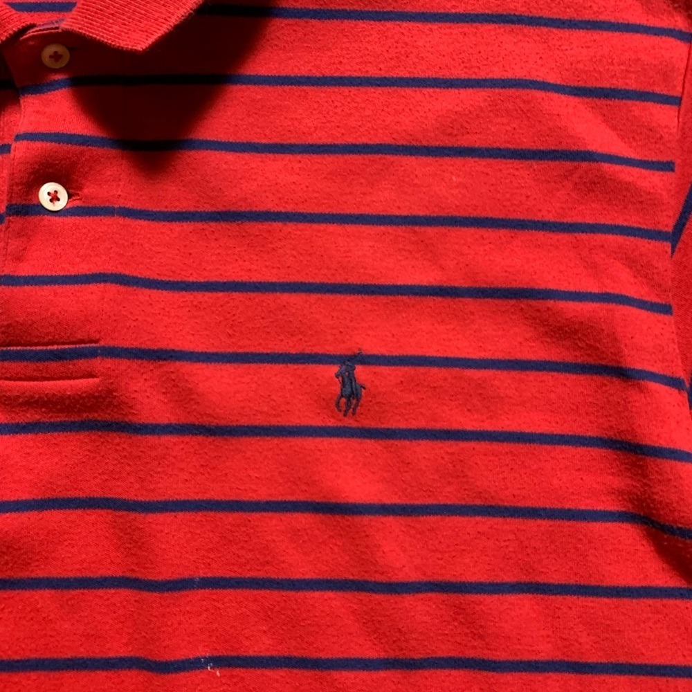Polo Ralph Lauren Mens XL Long Sleeve Polo Shirt Striped Red Navy Blue Cotton - Picture 6 of 7